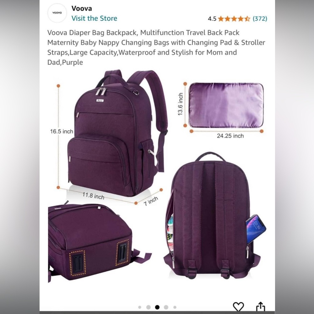 Diaper Bag Backpack Multifunction Travel Backpack Purple - Picture 8 of 15